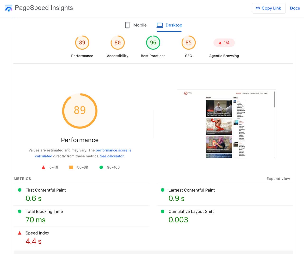 Hasil Google PageSpeed Insights pfn.co.id di desktop: skor 89
