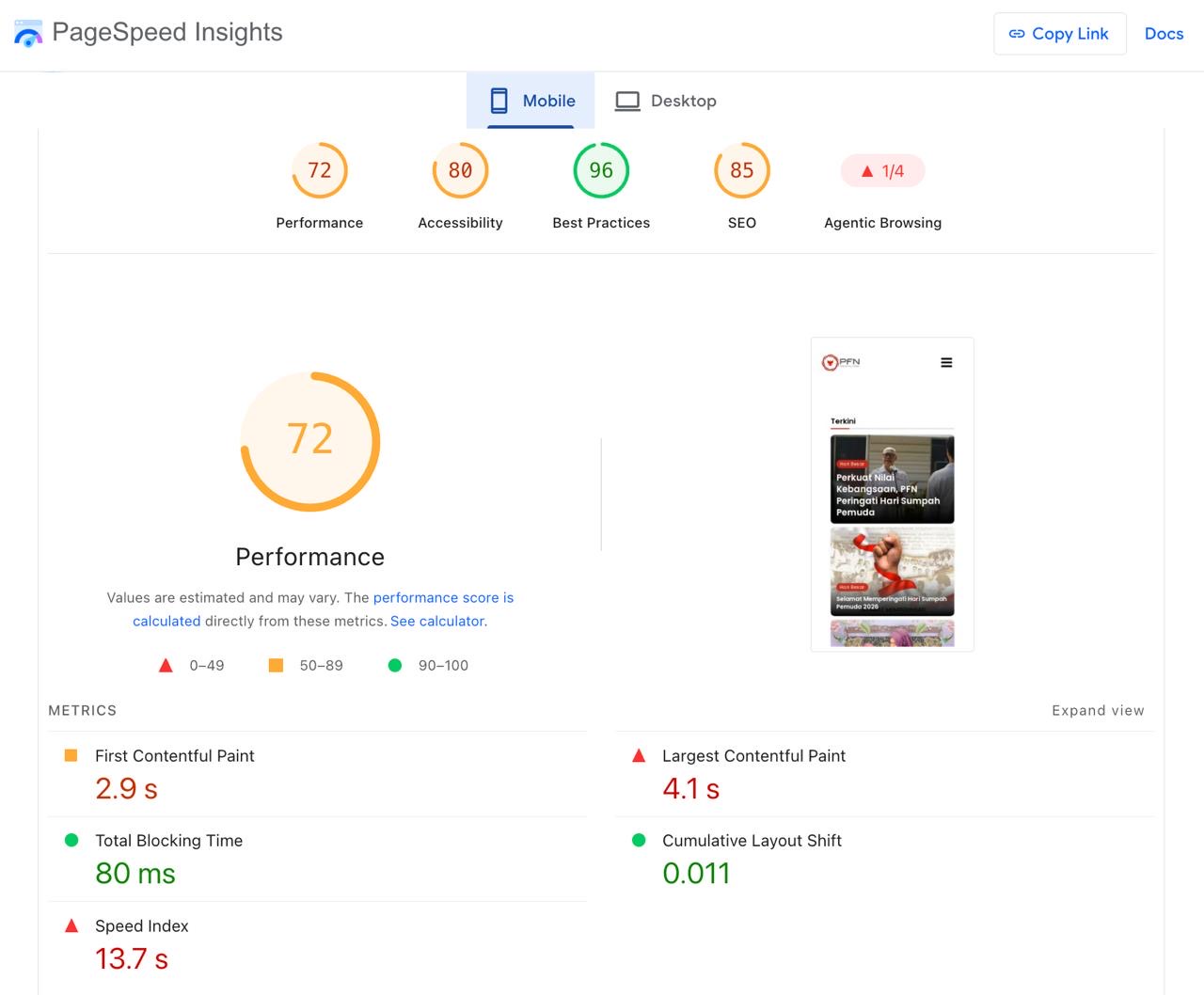 Hasil Google PageSpeed Insights pfn.co.id di HP: skor 72